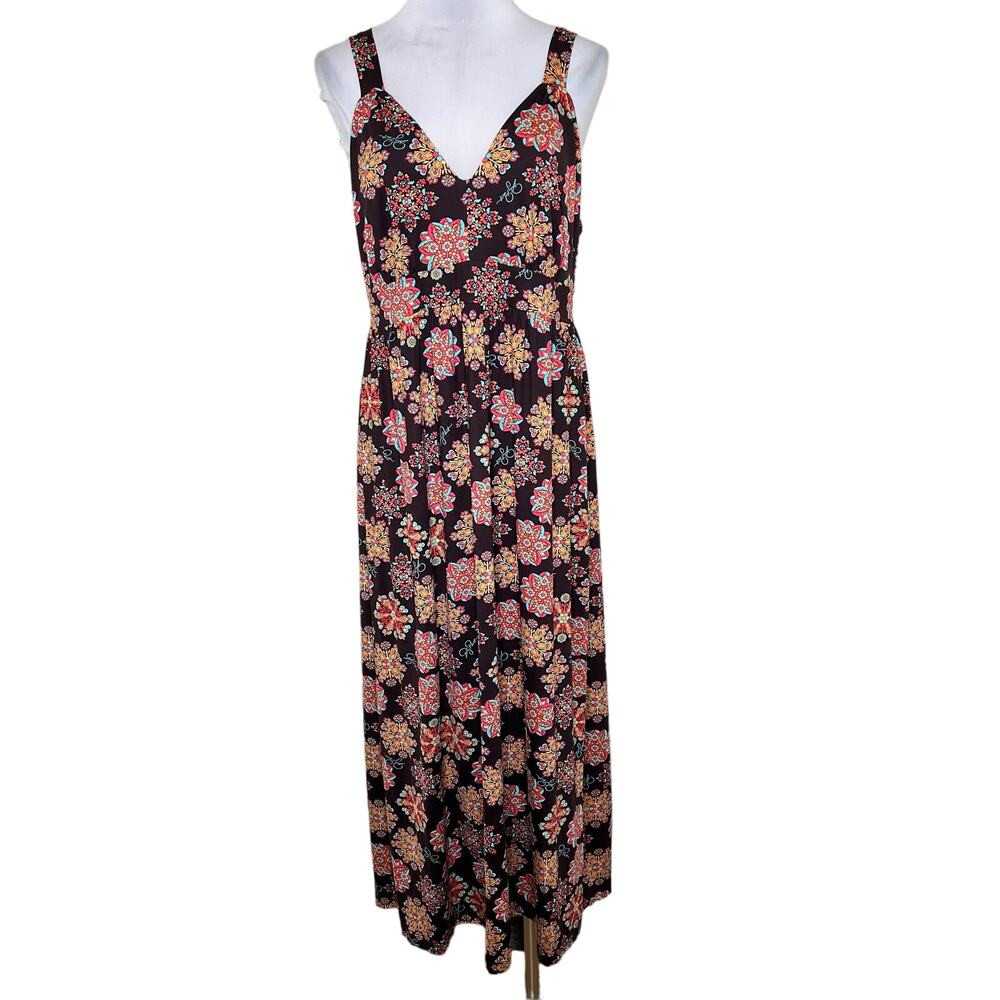 Y2K Baby Phat Midi Dress 1X Brown Slinky V-Neck Medallion Jersey Bohemian New